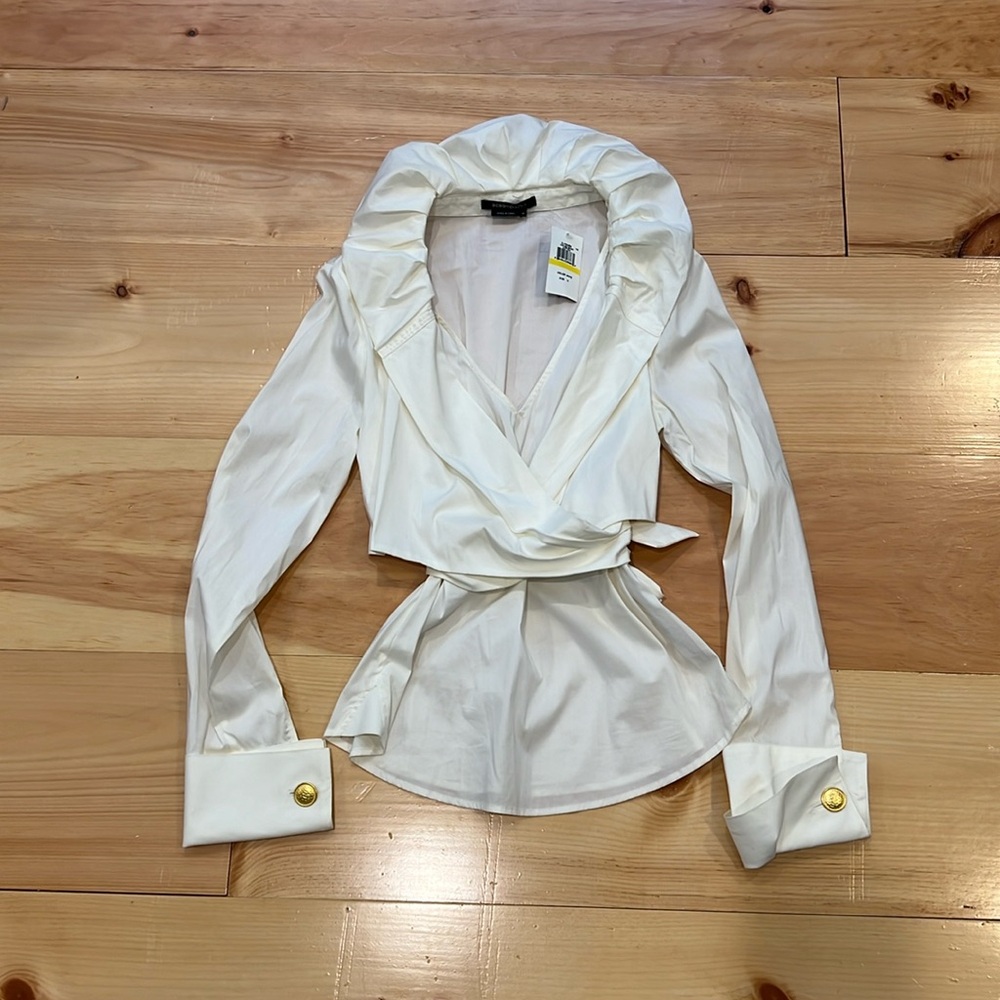 BCBGMaxAzria white ruffle collar woven cotton wrap blouse
